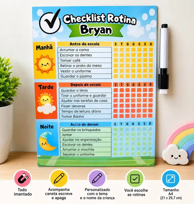 Quadro de Rotina Infantil Personalizado — Imantado + Caneta
